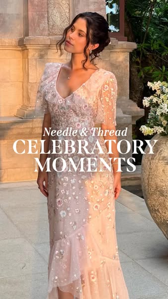 This ad features an image of a model wearing a pink dress from the brand Needle & Thread. The headline promotes cele