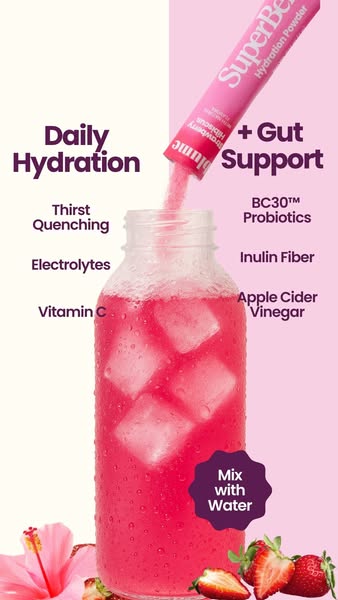 This ad promotes SuperBerb hydration powder, emphasizing its benefits for daily hydration and gut support. It features a