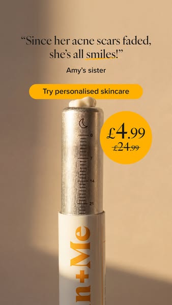 This image ad features a testimonial from Amy's sister who says that since her acne scars faded, she's all smile