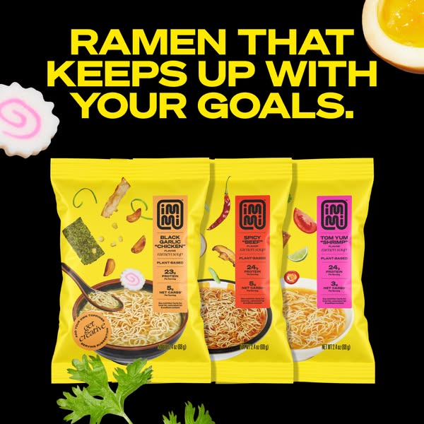 This ad features three flavors of immi ramen, highlighting the brand's positioning around health-conscious consumers