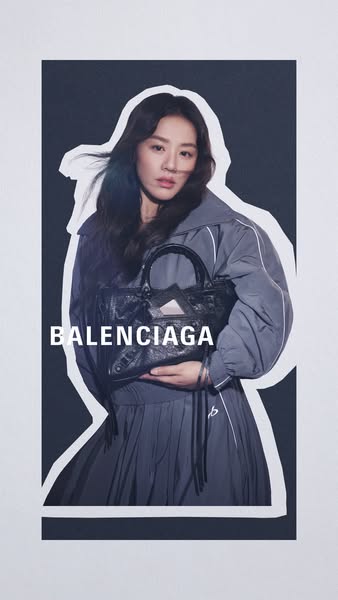This ad features an Asian woman holding a Balenciaga handbag. The image has a trendy, cutout paper style.