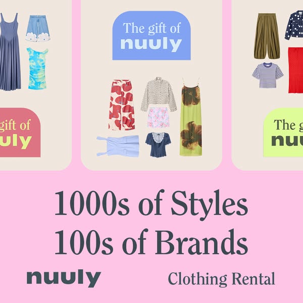 This image ad for Nuuly uses a clean, colorful design to showcase its clothing rental service. The ad features a collage