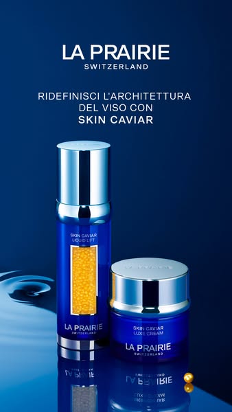 An ad for La Prairie Skin Caviar products featuring a liquid lift and luxe cream.