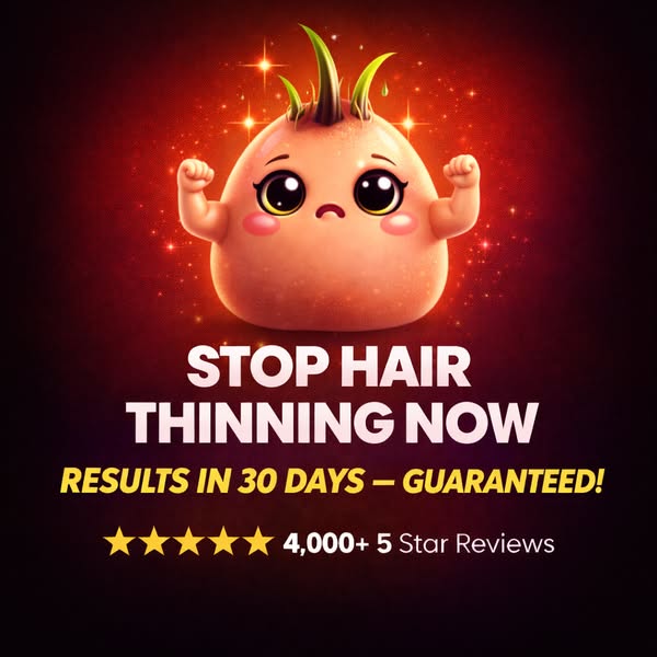 This image ad uses a cartoon onion-like character to visually represent the problem of hair thinning. The ad promises gu