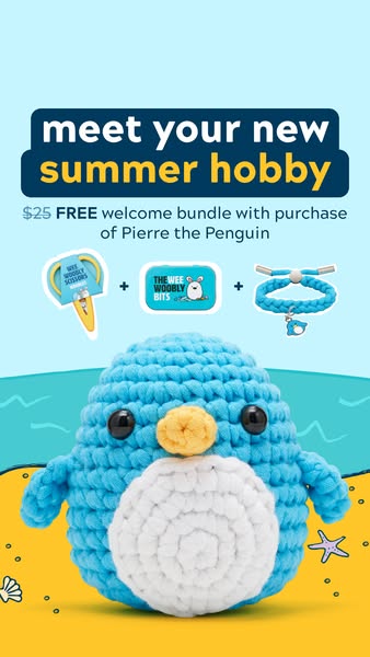 This ad promotes a crochet kit for beginners. It features a finished crocheted penguin and advertises a limited-time off