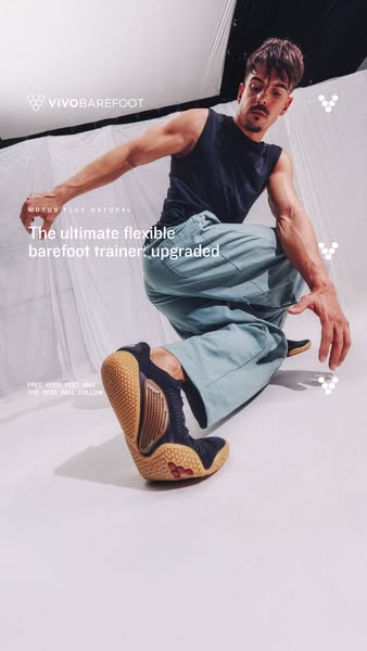 This ad promotes VivoBarefoot's Motus Flex Natural barefoot trainer, highlighting its flexibility and design for nat