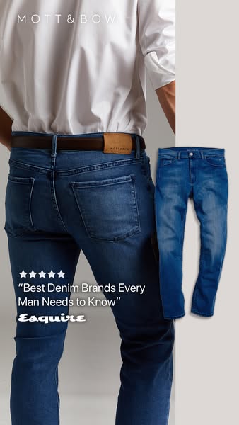 This image ad highlights the Mott & Bow brand of jeans, featuring a pull quote from Esquire.