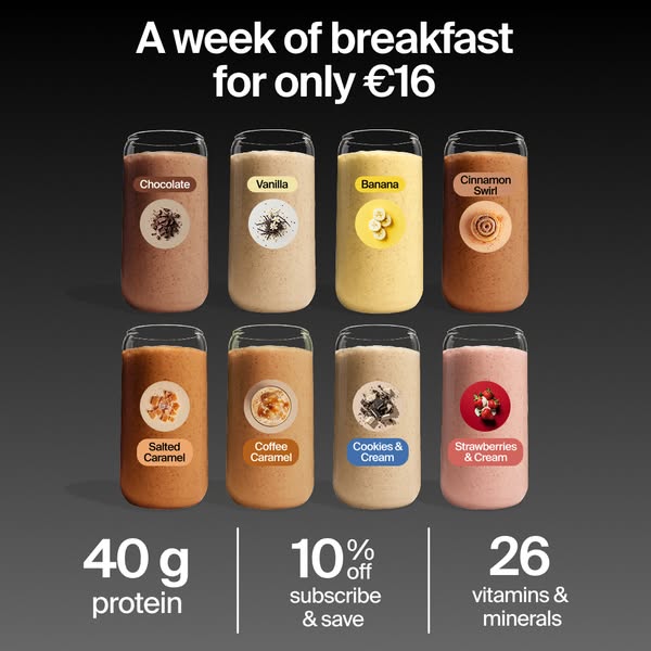 This ad promotes a week's worth of breakfast shakes in eight different flavors for the price of 16 euros. It also hi