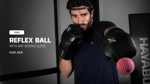 This ad promotes the Hayabusa brand by featuring a reflex ball and boxing glove combo. The ad promotes a free reflex bal