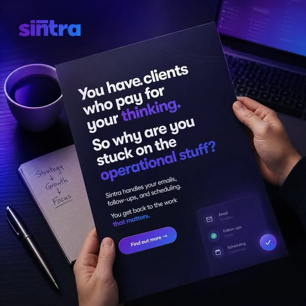 The image ad for Sintra highlights the problem that many business owners face when they are stuck handling administrativ