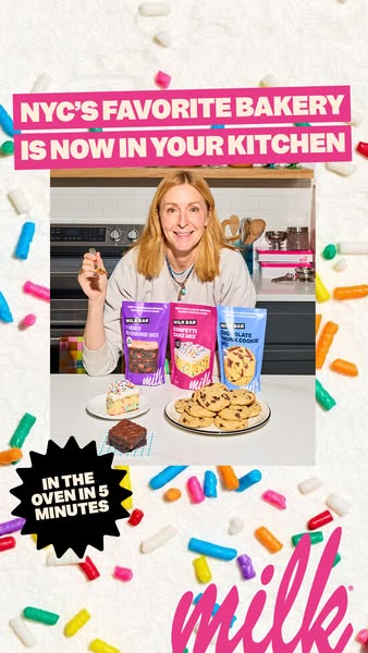 This image ad promotes Milk Bar's baking mixes, highlighting the convenience of bringing NYC's favorite bakery i