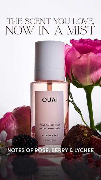 This ad showcases the OUAI Melrose Place Fragrance Mist with a focus on its scent profile. It highlights the key fragran