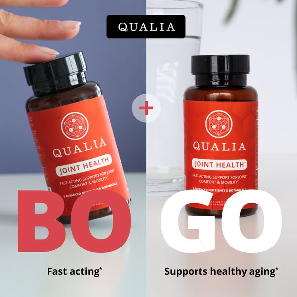 This ad promotes Qualia Joint Health supplement, featuring a buy-one-get-one (BOGO) offer. The ad splits the frame, show