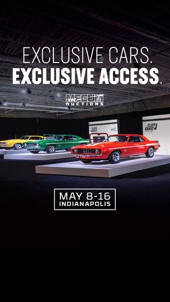 Ad promoting the Mecum Auctions event in Indianapolis from May 8-16. The ad features three classic cars on display, high