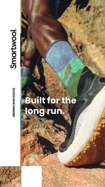 The image ad showcases Smartwool's Merino Run Socks with the headline "Built for the long run." It feature