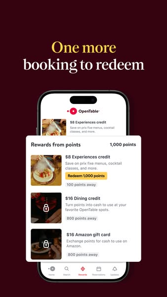 This OpenTable ad encourages users to redeem reward points by completing one more booking. It highlights various redempt