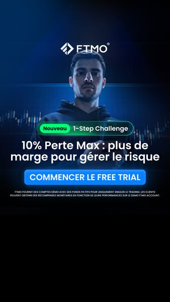 This ad for FTMO is advertising the brand's 1-step challenge with more room to manage risk. The ad features a man an