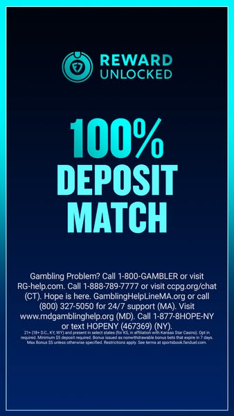 This ad promotes a 100% deposit match for a sportsbook and includes responsible gambling resources.