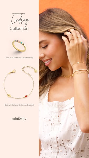 This image ad promotes Mint & Lily jewelry with a focus on the Lindsay Collection. The ad features a model wearing j