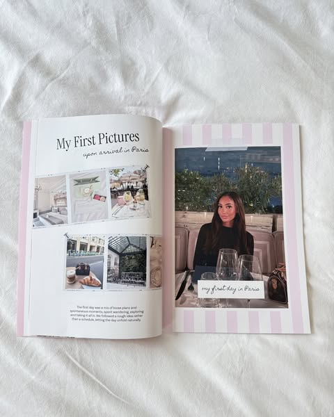 This ad features an open magazine spread on a white bedsheet, showcasing the content from the creator's trip to Pari