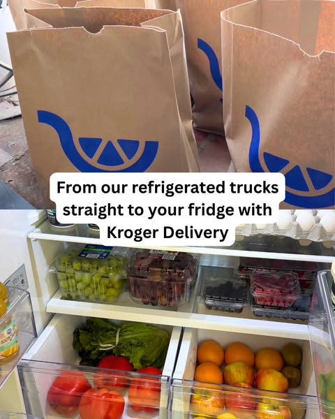 This image ad for Kroger Delivery shows a refrigerator stocked with fresh groceries delivered by Kroger. The ad emphasiz
