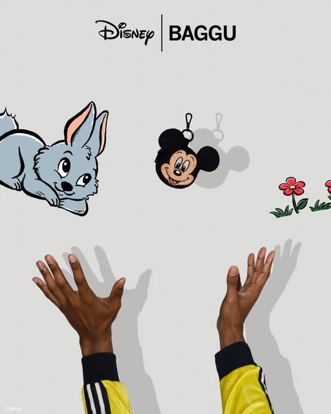 This ad promotes a collaboration between Disney and BAGGU, showcasing a bag with a Mickey Mouse design alongside other i