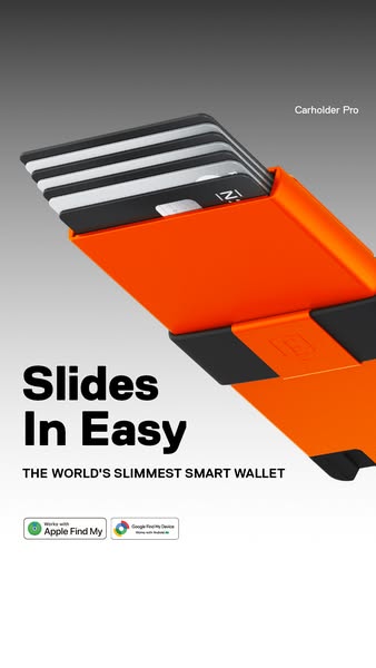 This ad highlights the features and benefits of the Carholder Pro wallet, emphasizing its slim design and compatibility 