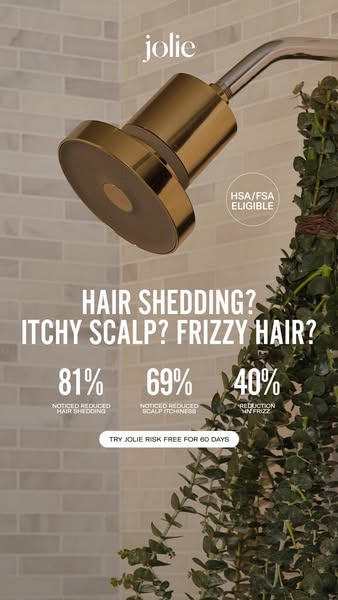 This ad for Jolie showerheads begins by noting common hair and skin issues like hair shedding, itchy scalp, and frizzy h