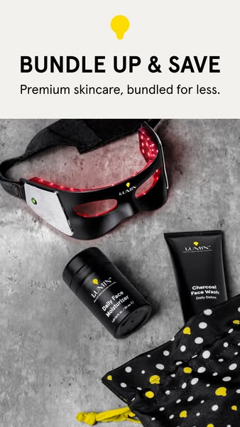 This ad promotes the Lumin brand. It features a bundle of skincare products in an overhead shot, highlighting the opport