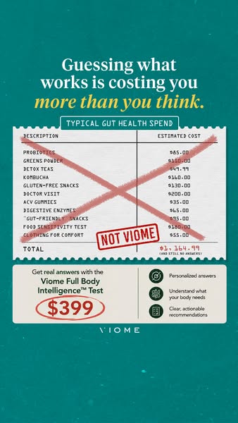 This image ad highlights the costs associated with various gut health remedies and positions the Viome Full Body Intelli