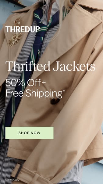 An ad for ThredUp features a beige jacket worn over a striped shirt and patterned tie. The ad promotes a 50% off deal wi