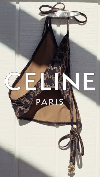 This image ad showcases a Celine Paris bikini hanging on a white wall with a silver hook, highlighting the brand and des