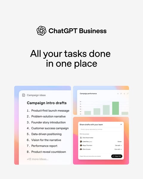 This ad for ChatGPT Business features the headline "All your tasks done in one place" and three images that sh