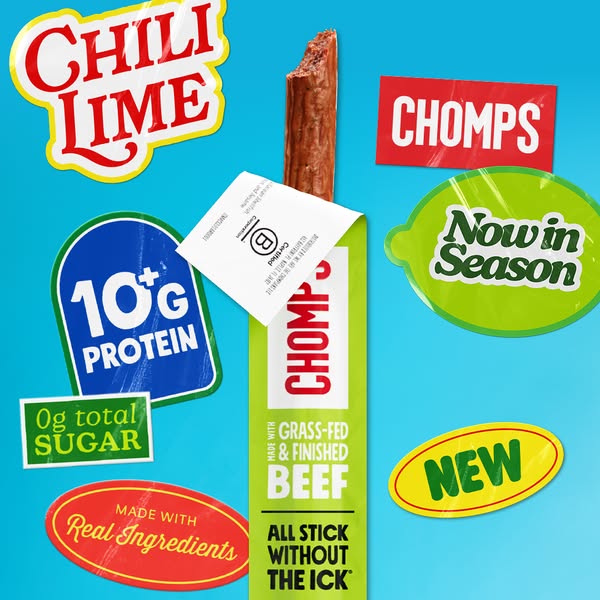 This image ad shows a Chomps Chili Lime beef stick surrounded by sticker-style annotations pointing out product features