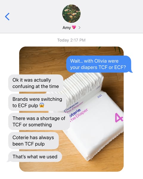 This ad is designed to look like a text message conversation between two moms discussing the benefits of Coterie diapers