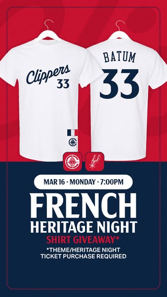 This image ad promotes a French Heritage Night shirt giveaway for the Clippers NBA team. The ad features two white t-shi