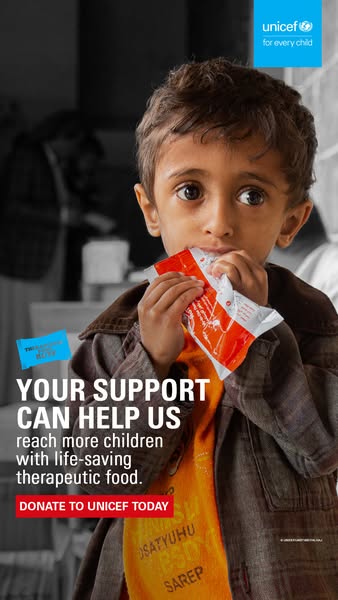 This image ad from UNICEF seeks donations to provide therapeutic food to children in need. The ad features a young child