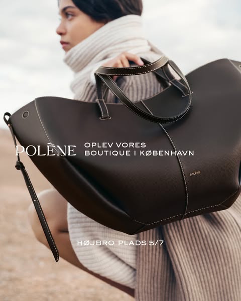 This ad showcases a Polène handbag with a woman wearing a cream sweater and tan background. The ad includes a Danish phr