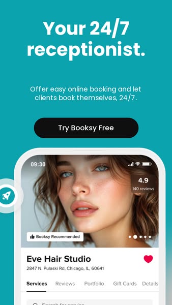 Ad for Booksy, an online booking software, as a 24/7 receptionist that offers easy online booking and lets clients book 