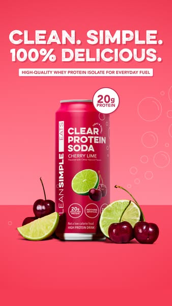 This ad is for Lean Simple Eats Clear Protein Soda in Cherry Lime flavor. It highlights that the product is clean, simpl