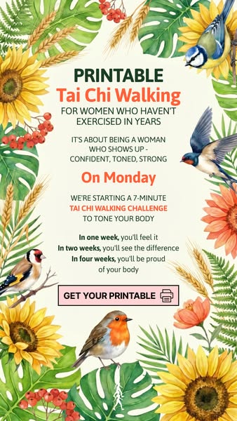 This ad is promoting a printable Tai Chi Walking challenge for women who haven't exercised in years. The ad features