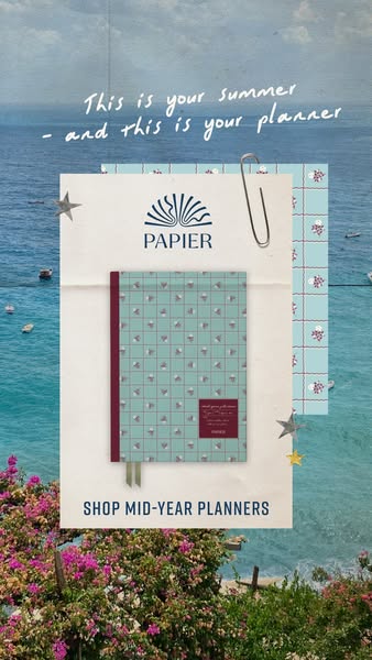 This ad for Papier mid-year planners uses lifestyle imagery and a soft aesthetic to promote their brand. The background 