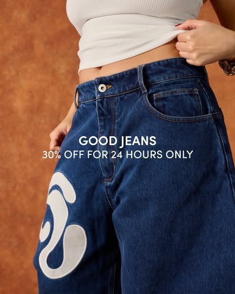 This ad showcases a pair of blue jeans with a white design on the side while advertising a 30% off sale.