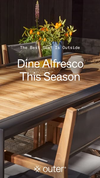 This ad is for Outer outdoor furniture. The image shows a table and chairs on an outdoor patio and encourages the viewer