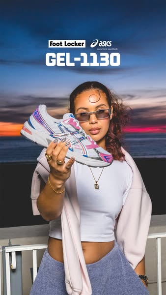 This ad for ASICS GEL-1130 running shoes features a fashionable brand ambassador showcasing the shoe with an ocean sunse