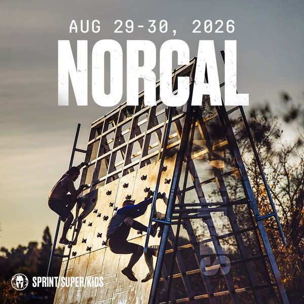This ad promotes the NorCal Spartan Sprint/Super/Kids event on August 29-30, 2026. It shows 2 people climbing over an ob