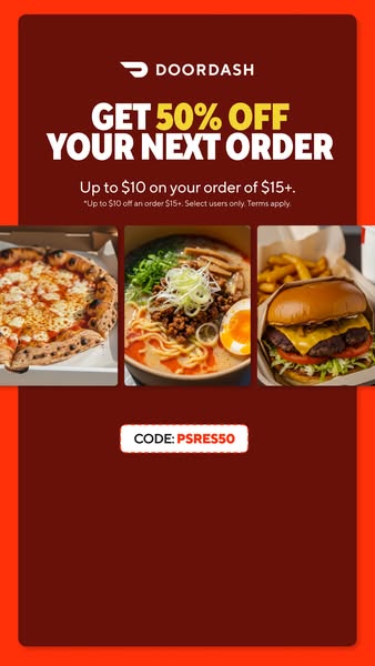 This ad promotes DoorDash, encouraging users to take advantage of a limited-time offer to get 50% off their next order. 