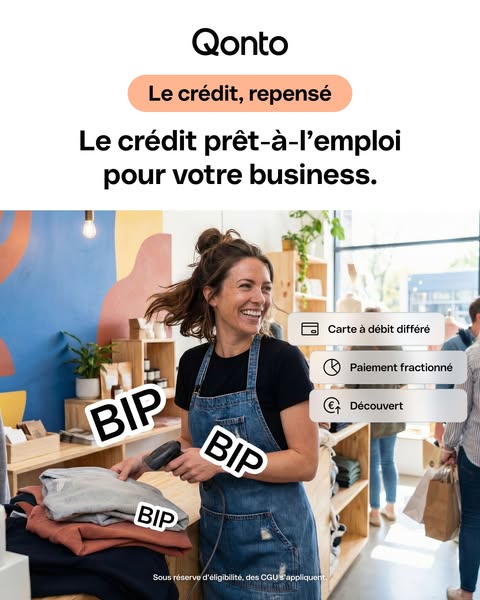 This ad promotes Qonto as a credit option for small businesses. It features a woman at a retail store using a payment sy