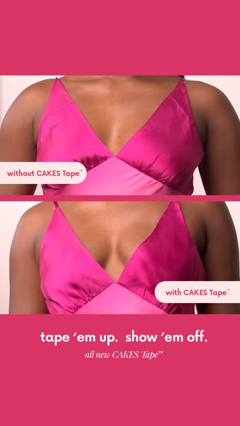 This ad uses a side-by-side comparison to showcase the effects of CAKES Tape, emphasizing the improved lift and appearan