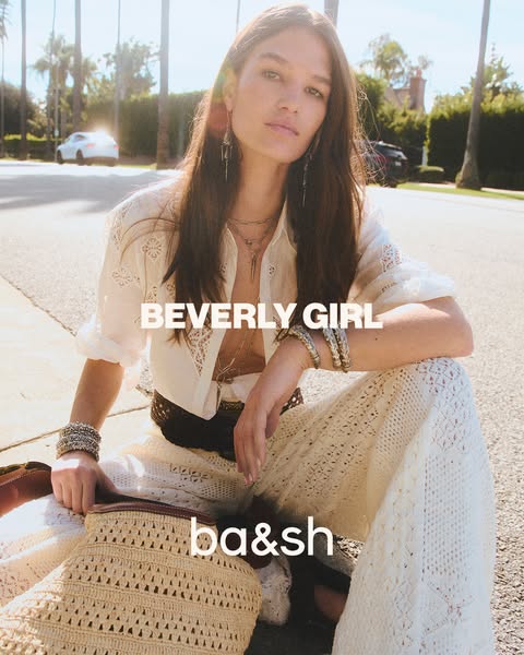 This image ad showcases the ba&sh brand, featuring a model wearing their clothing in a lifestyle setting to appeal t